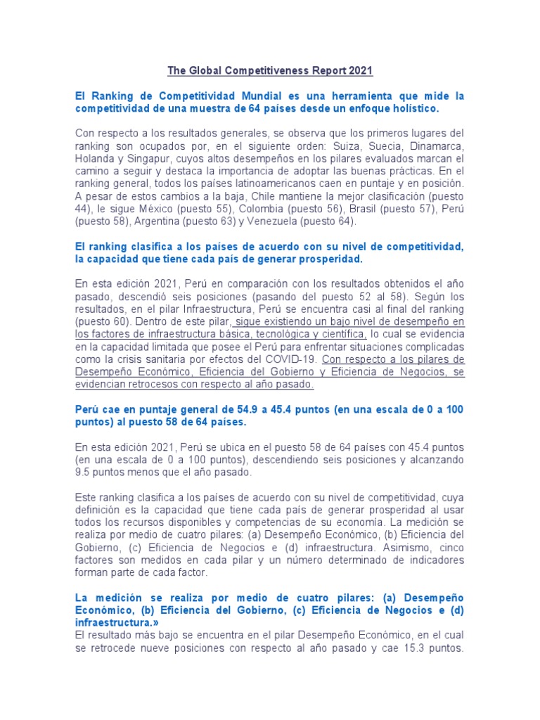 The Global Competitiveness Report 2021 | PDF | Perú | America latina