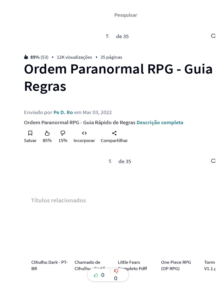 Ordem Paranormal RPG Guia Rapido de Regras PDF de Um Geito Ompleto ...