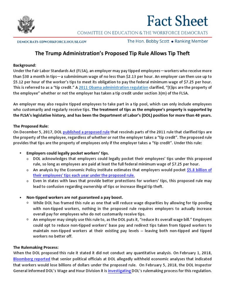 Trump Era Tip Write off Rule Fact Sheet PDF Gratuity Employment
