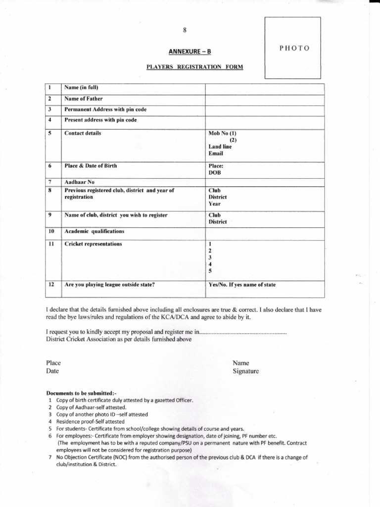 Cricket Player Registration Form | PDF | Government