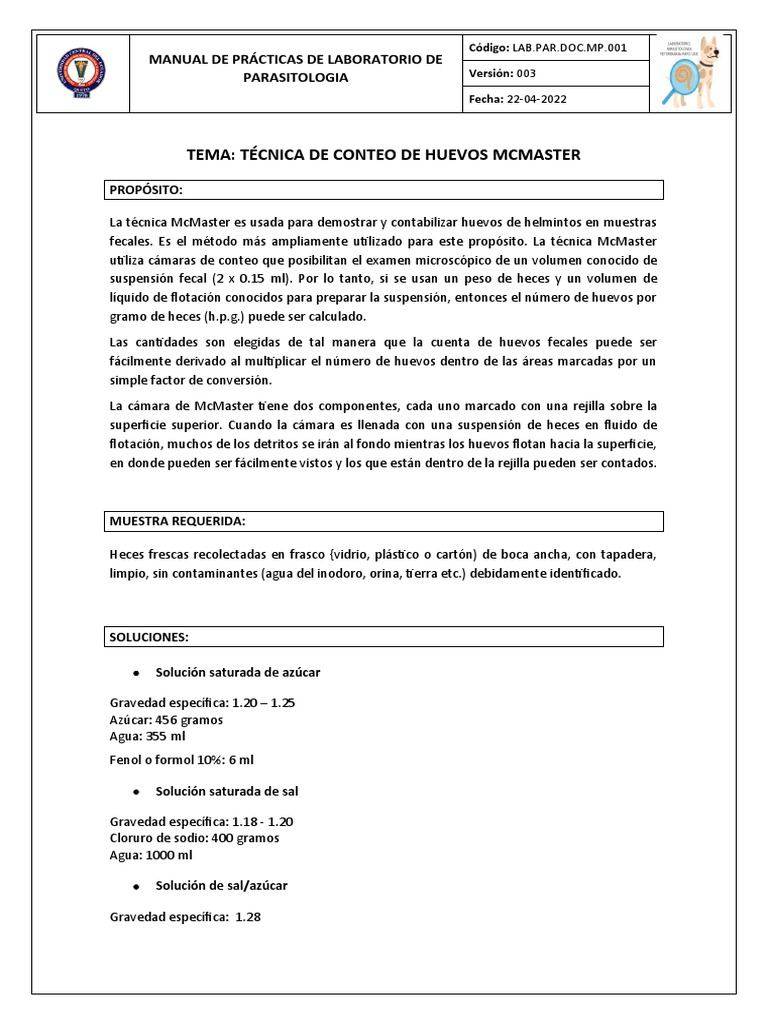Técnica McMaster en Parasitología Veterinaria | PDF | Agua | Química