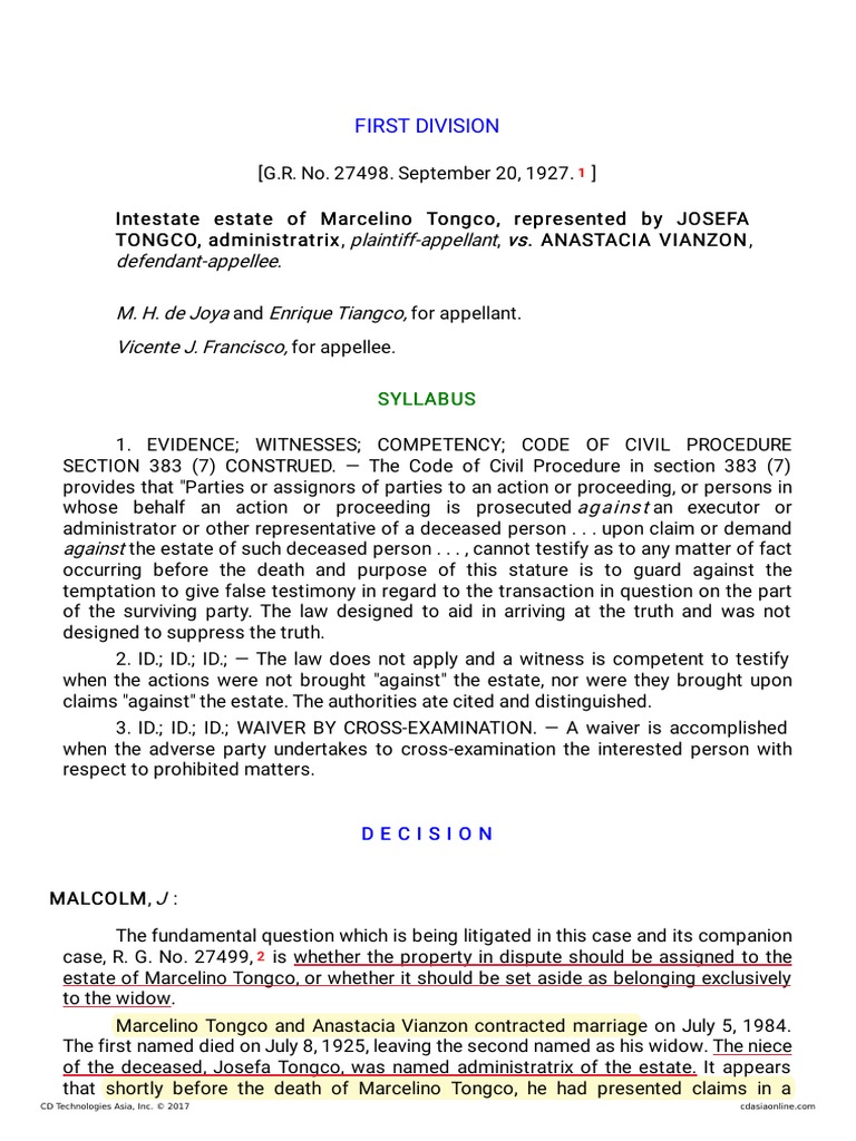 Plaintiff-Appellant Vs Vs Defendant-Appellee M. H. de Joya Enrique ...