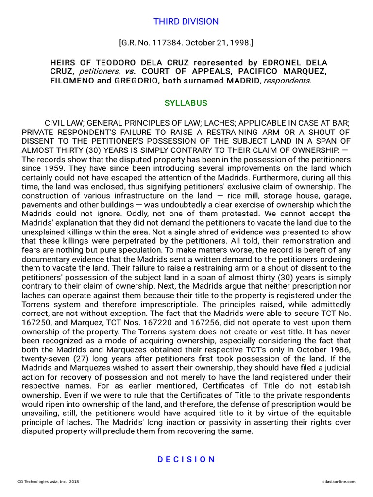 Heirs of Teodoro Dela Cruz V CA PDF Laches (Equity) Relevance (Law)