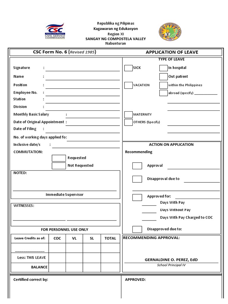 Application of Leave CSC Form No. 6 : Revised 1985 | PDF | Government
