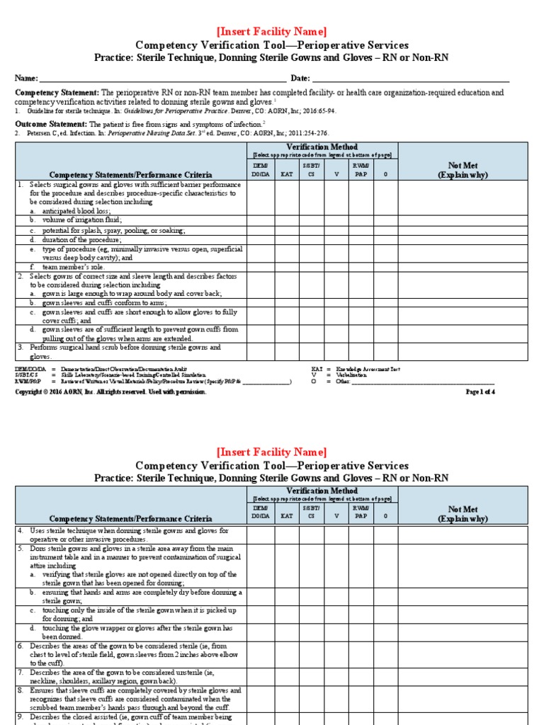 Competency verification tool perioperative services insert facility