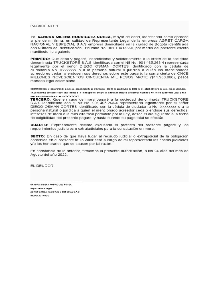 Pagaré de AGRET CARGA a TRUCKSTORE | PDF | Derecho