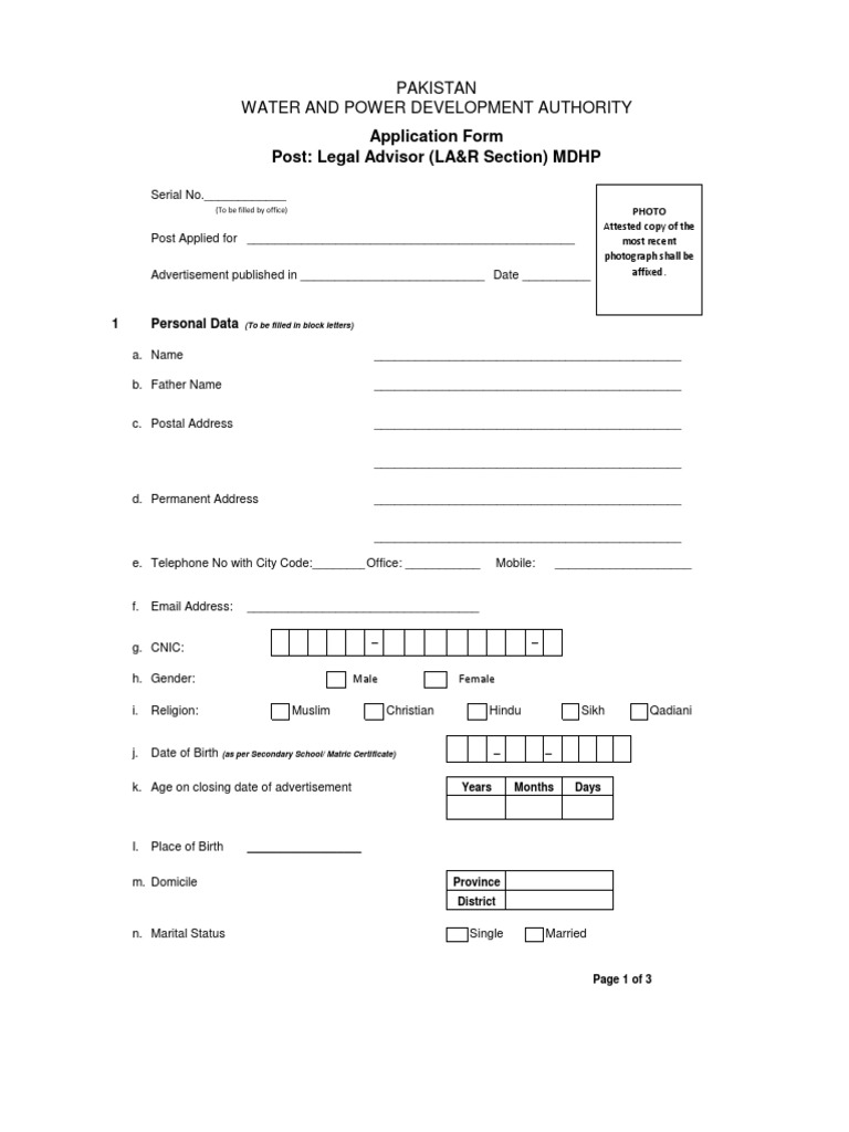 Pakistan Water and Power Development Authority Application Form Post