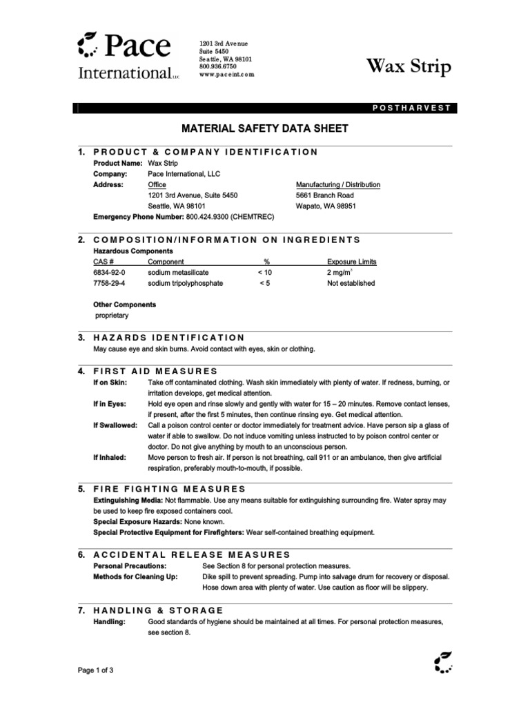 Material Safety Data Sheet for Wax Strip Cleaning Solution PDF