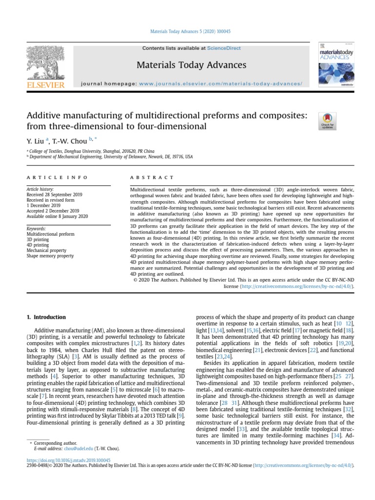 Materials Today Advances Y. Liu, T.W. Chou PDF 3 D Printing