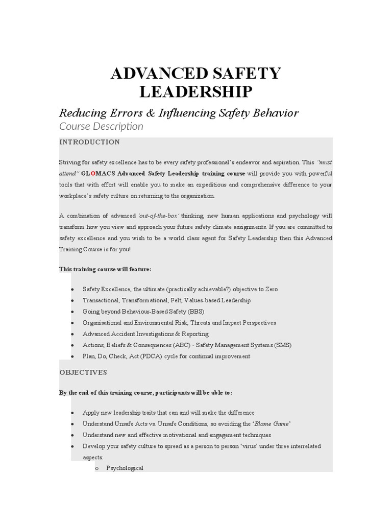 Advanced Safety Leadership Training | PDF | Occupational Safety And ...