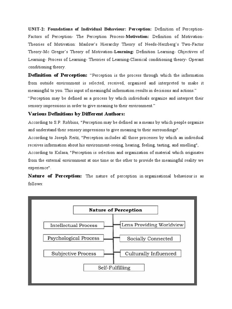 UNIT-2: Foundations of Individual Behaviour: Perception: Definition of ...