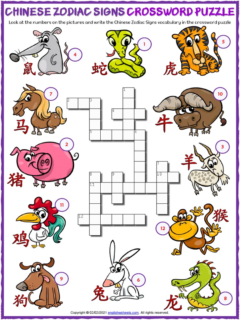 Chinese Zodiac Signs Vocabulary Esl Crossword Puzzle Worksheet For Kids
