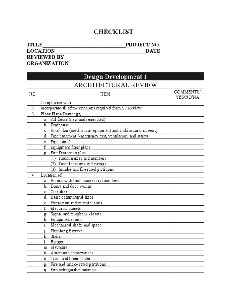 Design Development Checklist | PDF | Door | Wall