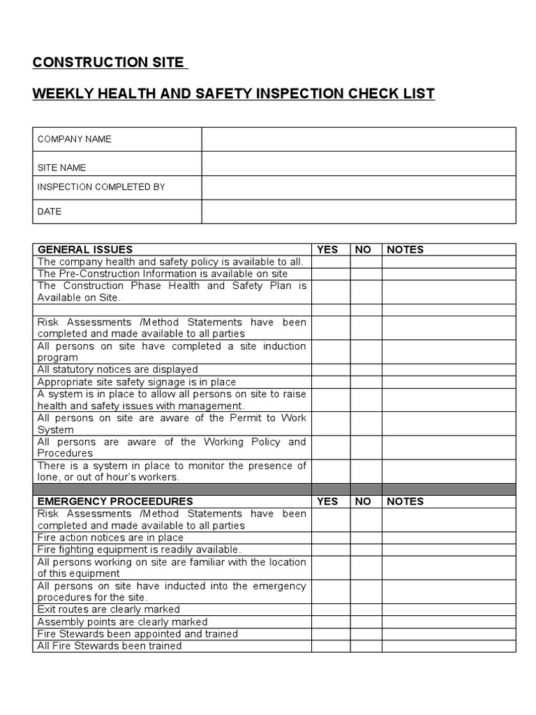 Weekly Health and Safety Inspection Checklist | PDF | Occupational ...