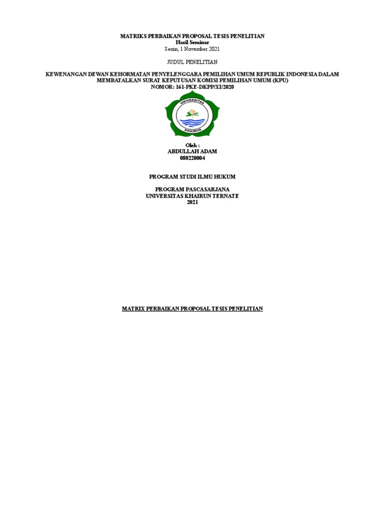 Matriks Perbaikan Proposal Tesis Penelitian | PDF