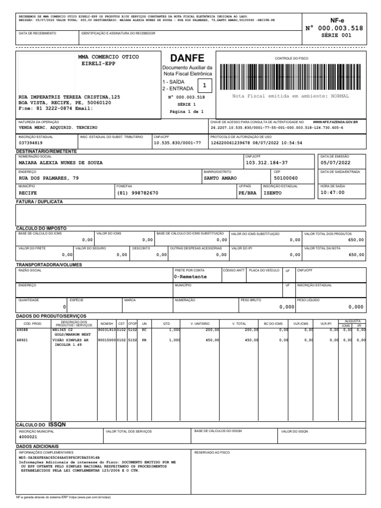 Modelo de Nota Fiscal Eletrônica NF-e | PDF | Recibo | Business