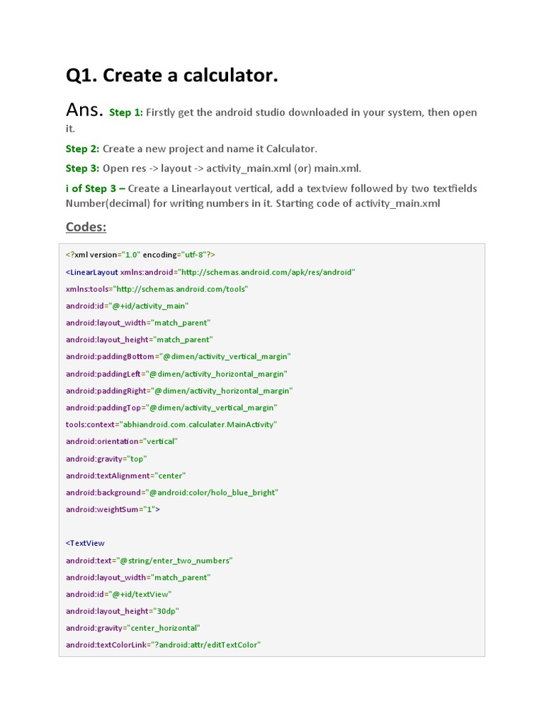 Q1. Create A Calculator. Codes PDF Android (Operating System