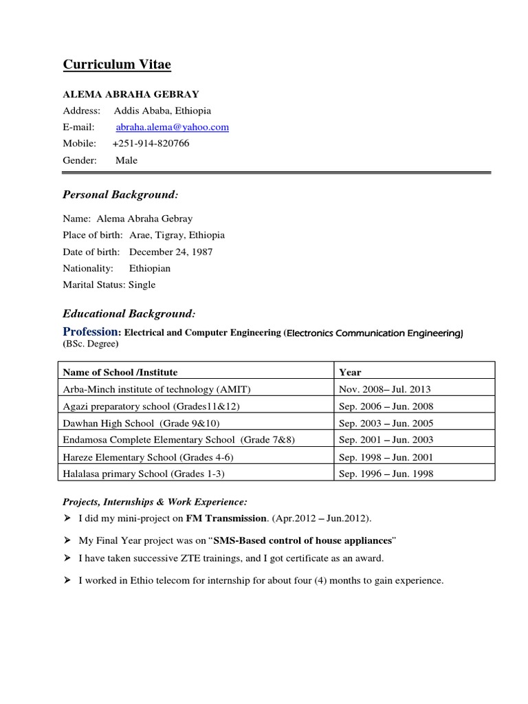 The Electrical Engineer: Curriculum Vitae of Alema Abraha Gebray | PDF ...