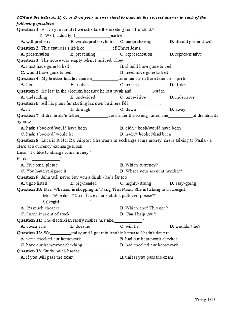 20mark The Letter A, B, C, or D On Your Answer Sheet To Indicate The ...