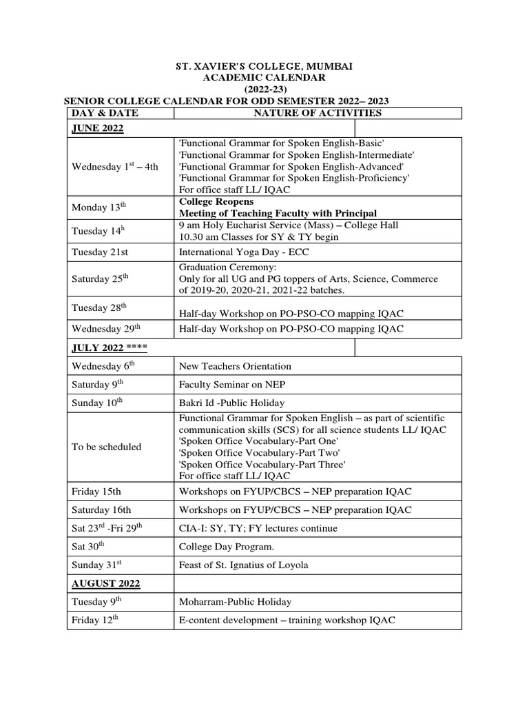 Revised College Calendar For Staff 10 June 2022 PDF Academic Term
