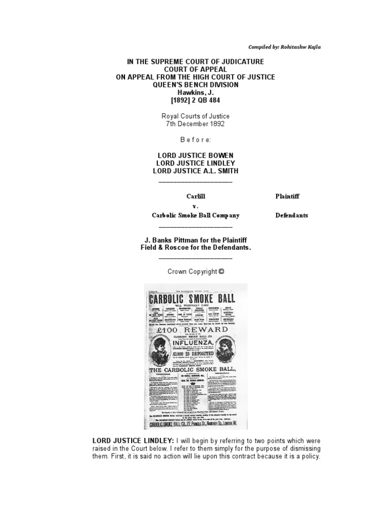 Carlill v Carbolic Smoke Ball Company | Consideration ...