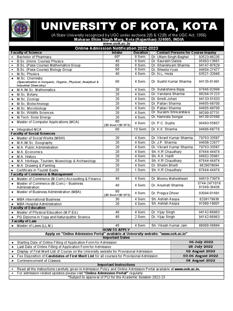 University of Kota, Kota: Online Admission Notification 2022-2023 | PDF ...
