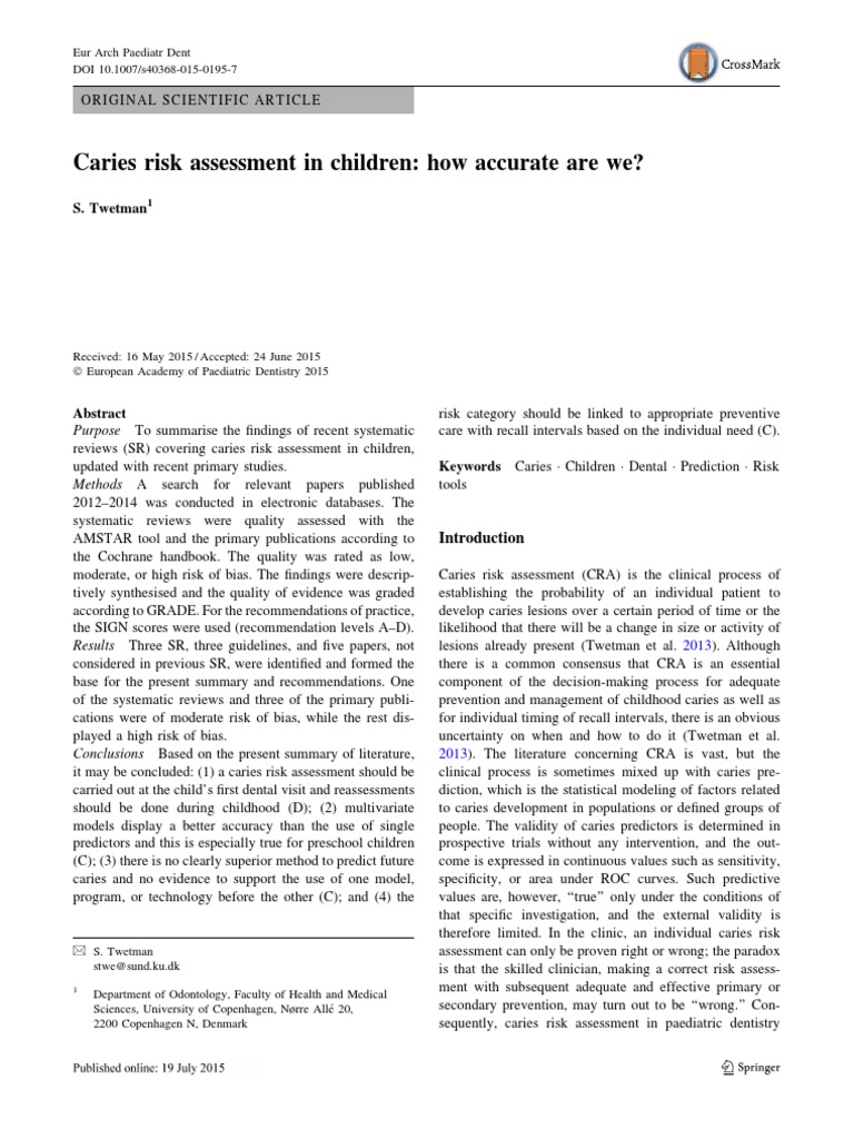 Caries Risk Assessment in Children How Accurate Are We? PDF Systematic Review Risk