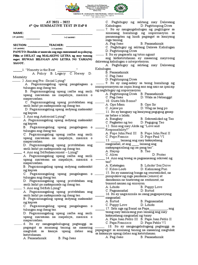 4th QTR SUMMATIVE TEST IN EsP 8 | PDF