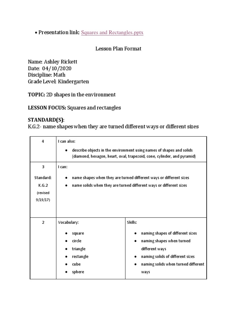 Kindergarten Squares and Rectangles Lesson | PDF | Shape | Rectangle