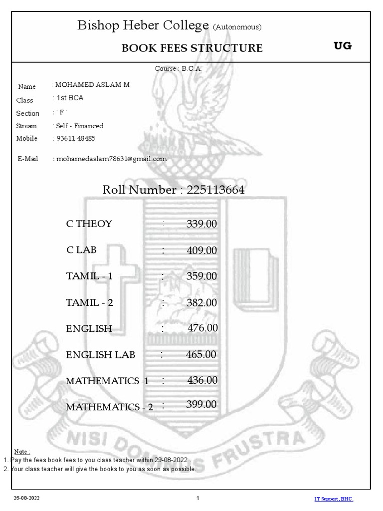 book fees structure PDF