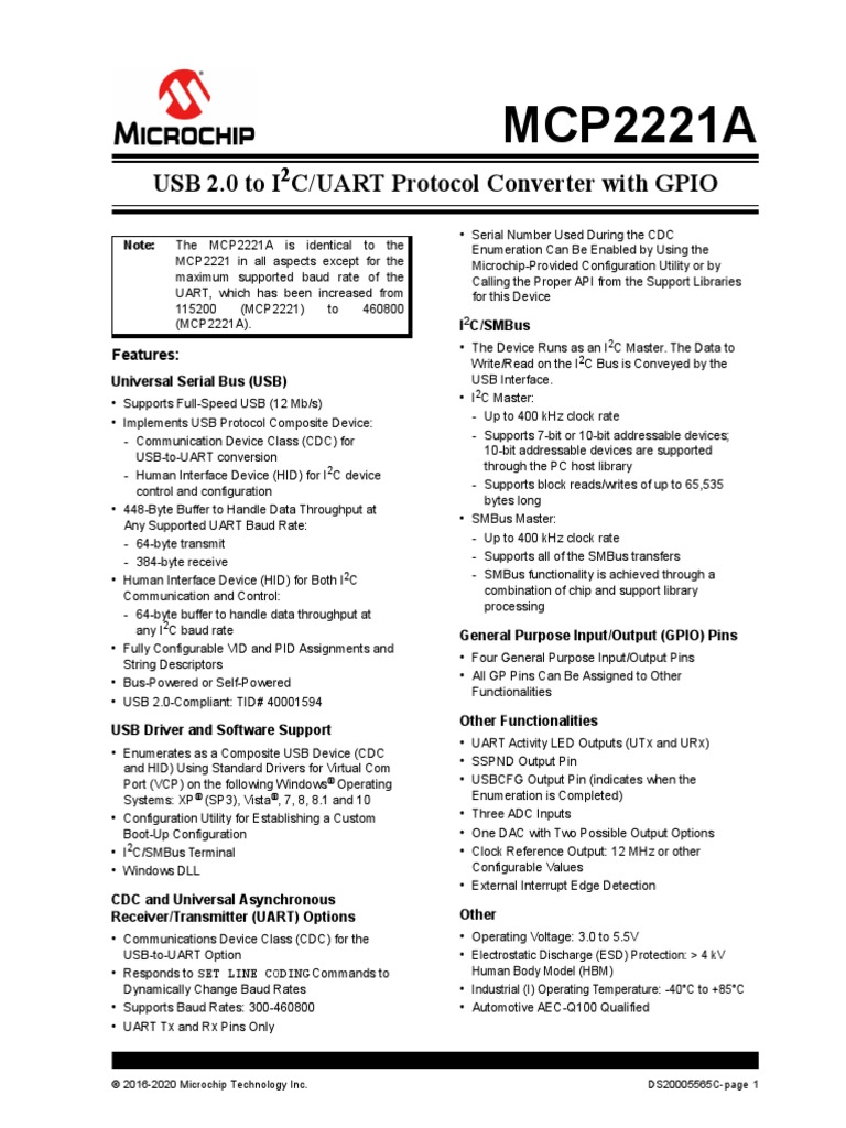 MCP2221A: USB 2.0 To I C/UART Protocol Converter With GPIO | PDF | Usb ...