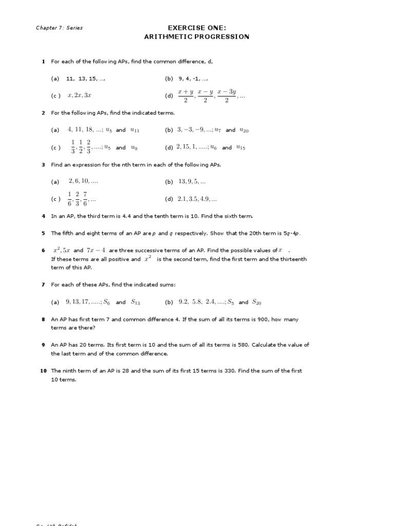 Exercise One: Arithmetic Progression: Chapter 7: Series | PDF ...