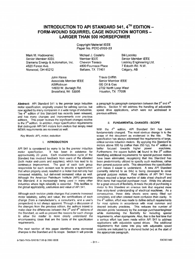 Api Standard 541, 4Th Edition Form-Wound Squirrel Cage Induction Motors ...