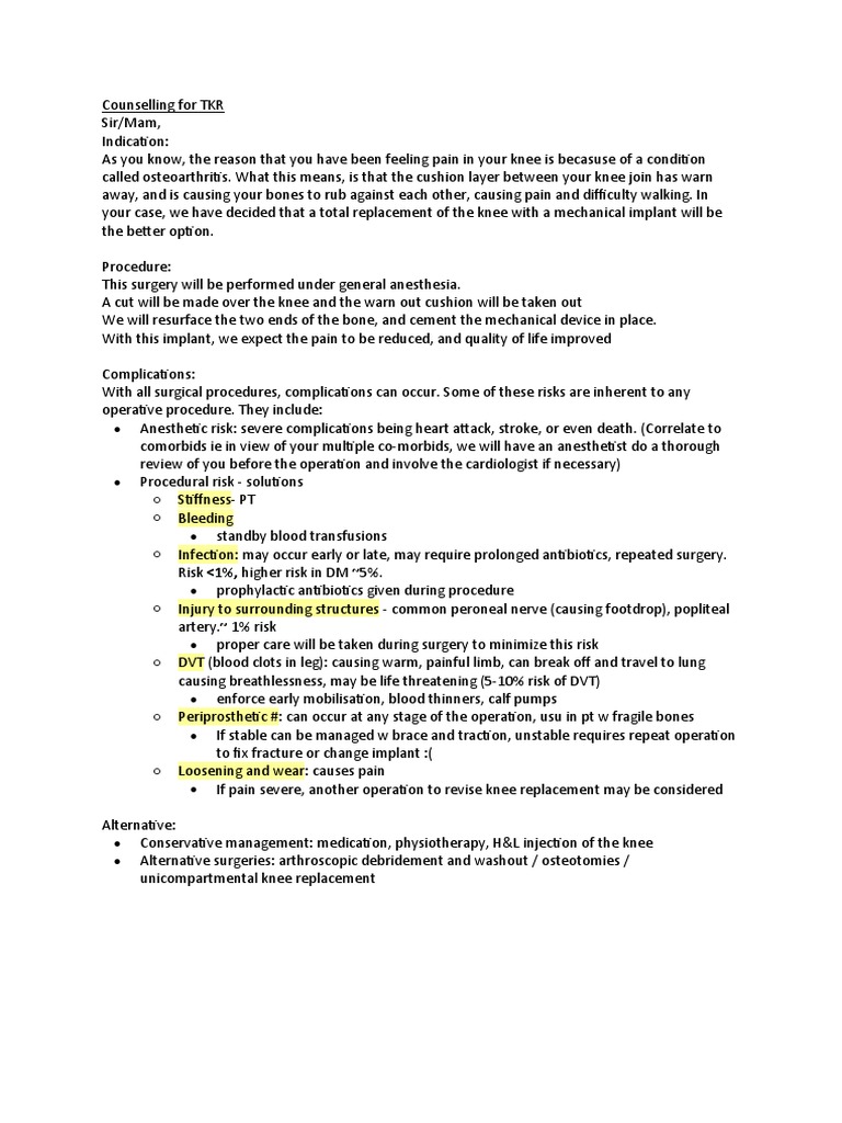 Total Knee Replacement Counselling Explaining the Procedure, Potential