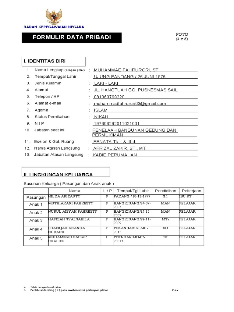 Form Isian Data Pribadi ASN | PDF