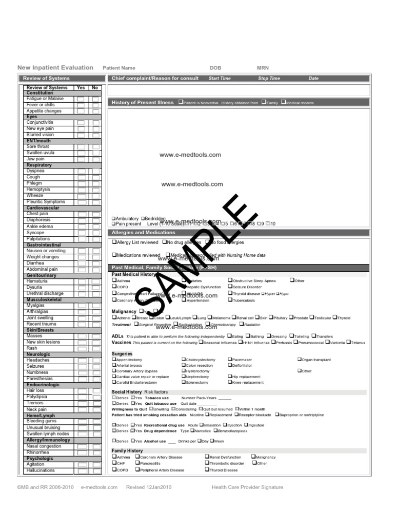 New Inpatient Evaluation (History and Physical) PDF Physical Examination Diseases And