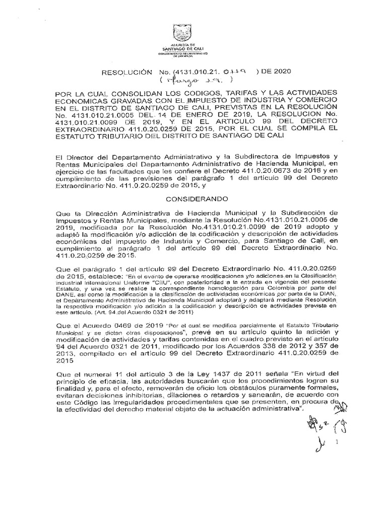 RES 0119 DE 2020 Actividades y Tarifas ICA | PDF