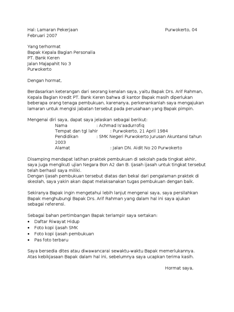 Surat Lamaran Bersumber Dari Seorang Kenalan