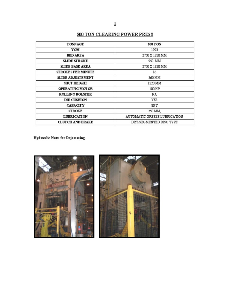 500 Ton Power Press Specifications | PDF