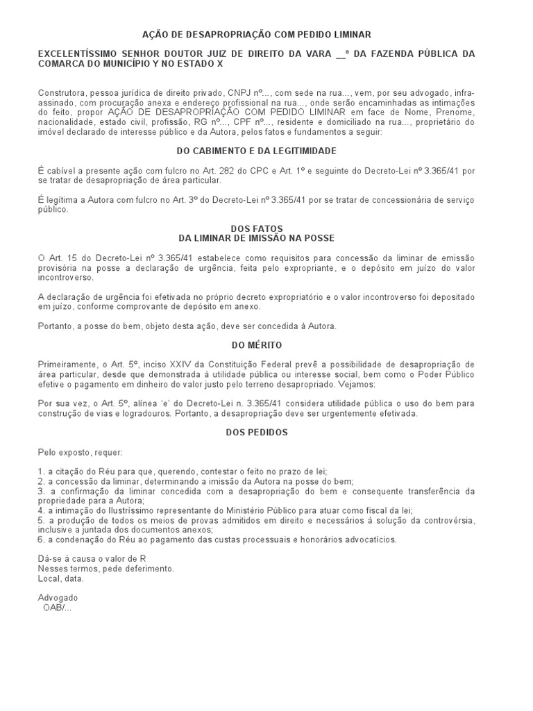 Ação de Desapropriação com Liminar | PDF | Desapropriação | Injunção