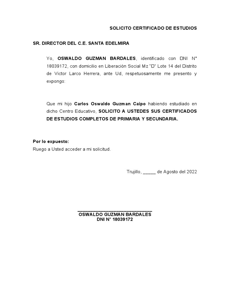 Solicitud de Certificado de Estudios | PDF