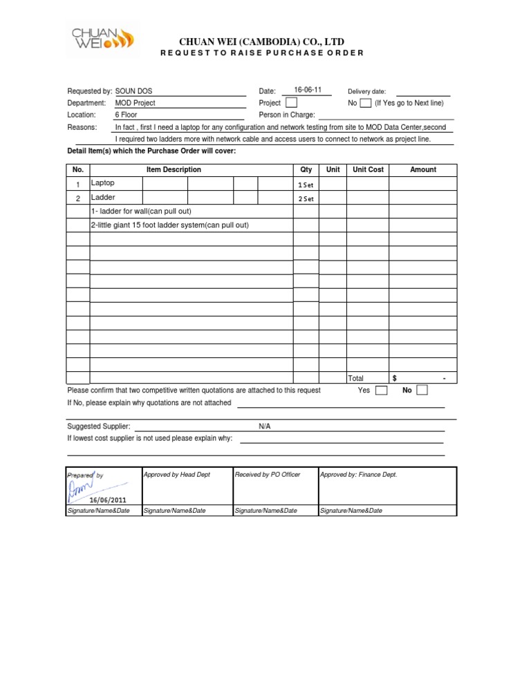 Purchase Order Request for Equipment | PDF