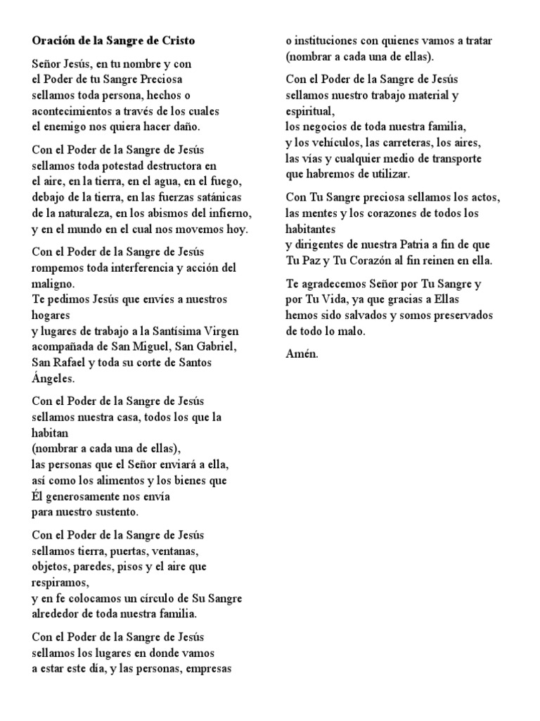 Oración De La Sangre De Cristo Pdf