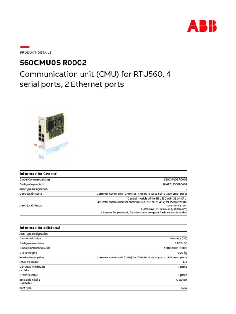 560CMU05 R0002: Communication Unit (CMU) For RTU560, 4 Serial Ports, 2 ...