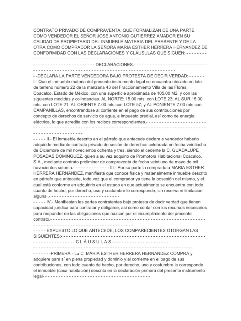 Ejemplo de Contrato Privado de Compra Venta | PDF