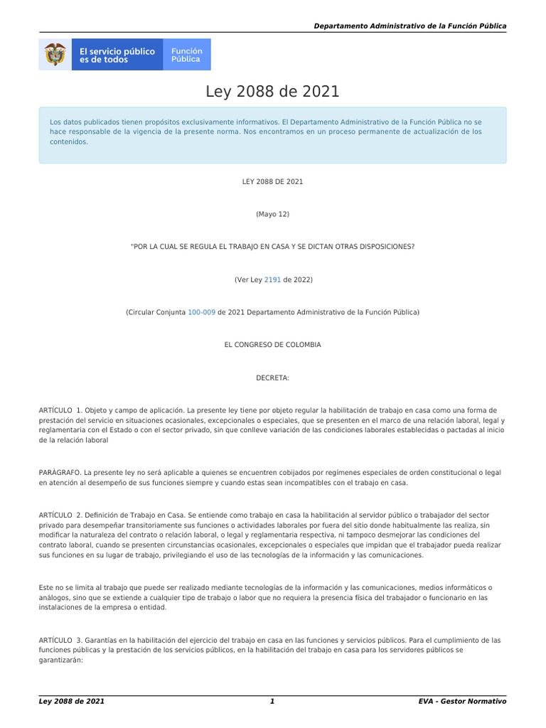 Ley 2088 de 2021 | PDF | Derecho laboral | Salario