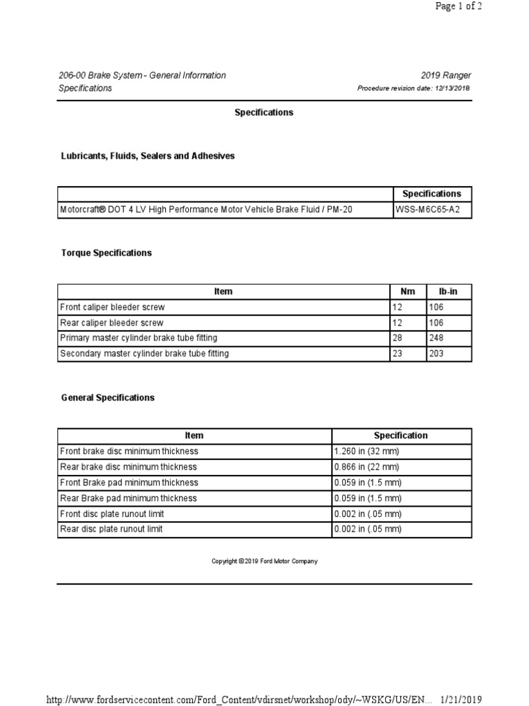 Brake System Specifications for 2019 Ranger | PDF