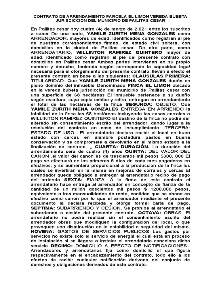 Contrato de Arrendamiento Parcela El Limon