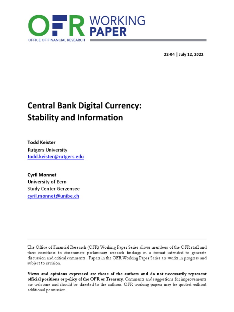 OFRwp2204_centralbankdigitalcurrency PDF Bailout Banks
