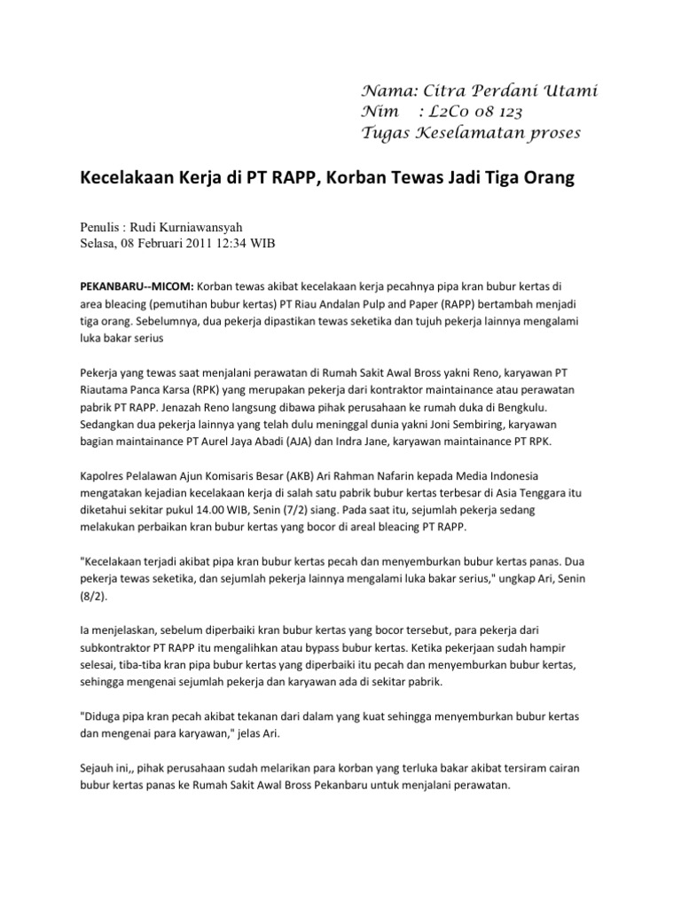 Kecelakaan Kerja Di PT RAPP | PDF